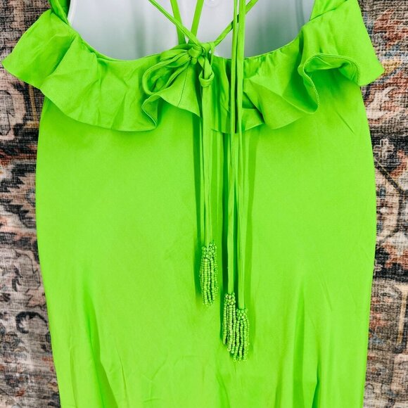 Farm Rio Ruffle Midi Dress Size M Satin Strappy Back Lime Green Plunge New Tags - Picture 6 of 16